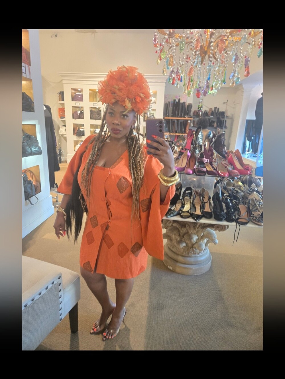 VintageVibrant Orange Embellished Tunic Dress